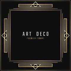 Vector card. Art Deco style. Dark golden geometric frame on black background.
