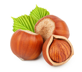 Hazelnuts with leaves isolated on white background as package design element