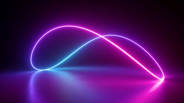 abstract background, neon glowing infinity sign, rotating, spinning inside box, fluorescent, ultraviolet spectrum light, closed room, reflections