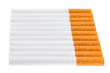 Tobacco smoking. Cigarette close up, isolated on white background.  Bad habit. Nicotine. Drug addiction. Cancer.