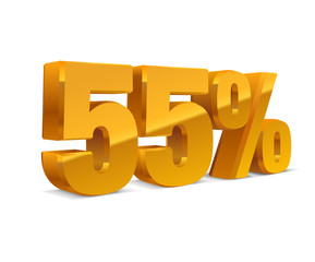 55% percent off, sale white background, golden-yellow metall object 3D. Eps10 Vector.