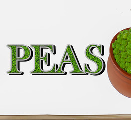 Peas in a small clay bowl on far right with big fonts in the middle . Stock Image.