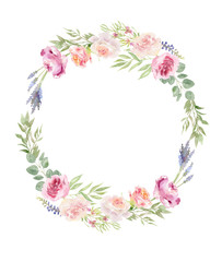 Arrangement wreath of hand painted watercolor leaves and flowers.