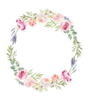Arrangement wreath of hand painted watercolor leaves and flowers.