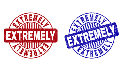 Grunge EXTREMELY round stamp seals isolated on a white background. Round seals with grunge texture in red and blue colors. Vector rubber overlay of EXTREMELY tag inside circle form with stripes.
