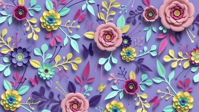 3d rendering, animation of frowing floral background, turning paper flowers, botanical pattern, papercraft, candy pastel colors, bright hue palette
