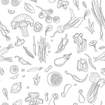 Seamless pattern with hand drawn colorful doodle vegetables. Sketch style vector set.