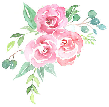 Bouquet aus rosa Watercolor Blumen und Greenery mit Eukalytus