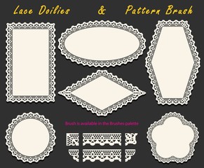 Set of Openwork White Lace pattern brush and various lacy napkins, doilies and tracery elements. - obrazy, fototapety, plakaty