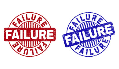 Grunge FAILURE round stamp seals isolated on a white background. Round seals with grunge texture in red and blue colors. Vector rubber imitation of FAILURE tag inside circle form with stripes.