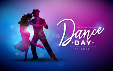 International Dance Day Vector Illustration with tango dancing couple on purple background. Design template for banner, flyer, invitation, brochure, poster or greeting card. - obrazy, fototapety, plakaty
