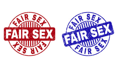 Grunge FAIR SEX round stamp seals isolated on a white background. Round seals with distress texture in red and blue colors. Vector rubber overlay of FAIR SEX tag inside circle form with stripes.