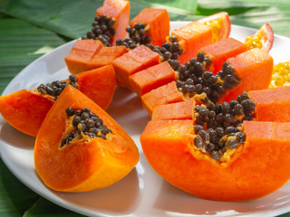 Close up of papaya slices on white plate. Summer time