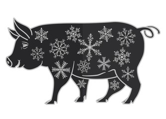 Pig silhouette decorated with snowflakes isolated on white background