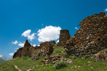 Kazbegi, Georgia - Jul 01 2018: Ruins of Zakagori fortress at Truso valley near Caucasus mountain. a famous Historic site in Kazbegi, Mtskheta-Mtianeti, Georgia.