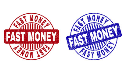 Grunge FAST MONEY round stamp seals isolated on a white background. Round seals with distress texture in red and blue colors. Vector rubber overlay of FAST MONEY text inside circle form with stripes.