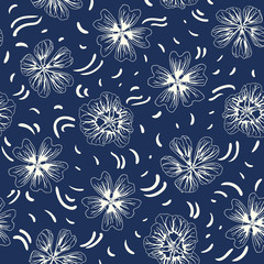 Blue pattern with white hibiscus blossom.