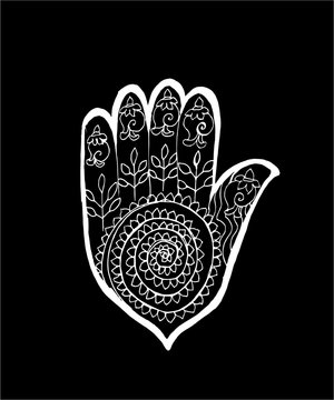 Illustrayion of a hamsa with an ornament in the style of mehendi. Chalk on a blackboard.