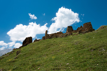 Kazbegi, Georgia - Jul 01 2018: Ruins of Zakagori fortress at Truso valley near Caucasus mountain. a famous Historic site in Kazbegi, Mtskheta-Mtianeti, Georgia.