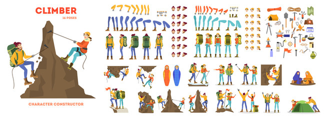 Mountain climber animation set. Active and extreme