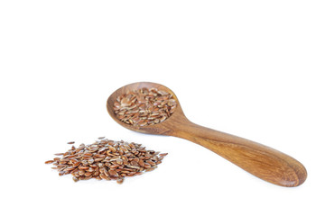 Brown flax seed in spoon on white background.