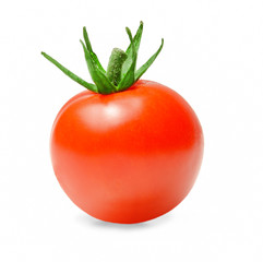 Red ripe cherry tomato with green leaves on a white isolated background. Close-up. Side view.