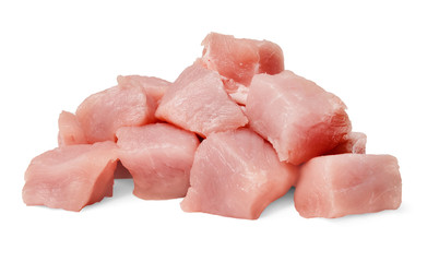 Fresh pork slices isolated on white. Close-up. Side view.