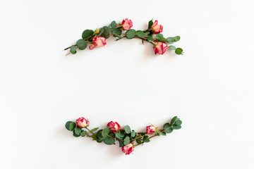 Border frame made of eucalyptus branches and pink roses