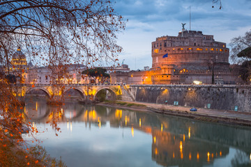 Bridge to the Saint Angel Castle over the Tiber river in Rome, Italy
