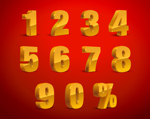 3D yellow gold Metallic Letter. 0, 1, 2, 3, 4, 5, 6, 7, 8, 9 numeral alphabet. Vector Isolated Number.	