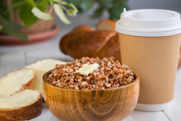 Breakfast. Morning coffee with buckwheat porridge