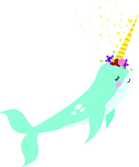 Cute magic  narwhal on whte backgroun vector illustration