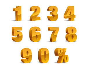 3D yellow gold Metallic Letter. 0, 1, 2, 3, 4, 5, 6, 7, 8, 9 numeral alphabet. Vector Isolated Number.	