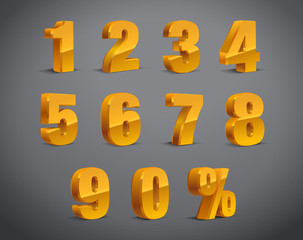 3D yellow gold Metallic Letter. 0, 1, 2, 3, 4, 5, 6, 7, 8, 9 numeral alphabet. Vector Isolated Number.	
