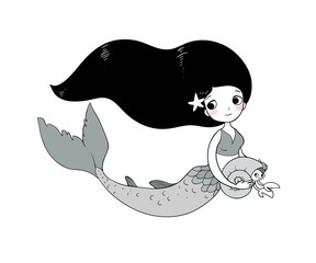 Cute cartoon little mermaid. Siren. Sea theme.