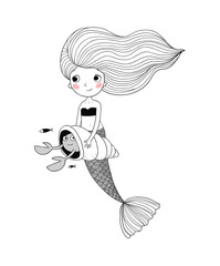 Cute cartoon little mermaid. Siren. Sea theme.