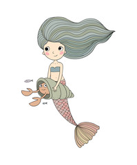 Cute cartoon little mermaid. Siren. Sea theme.