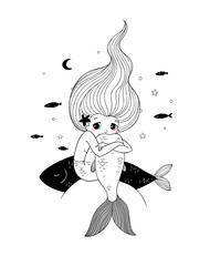 Cute cartoon little mermaid. Siren. Sea theme.