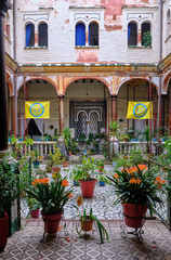 April 2019 - Seville neighborhood courtyard with columns, garden plants in historical house of Andalusia - Spain.