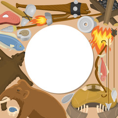 Fototapeta premium Stone age primitive prehistoric life round pattern vector illustration. Ancient tools and animals. Hunting weapons and household equipment. Neanderthals or homo sapiens. Fish and bear.