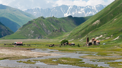 Fototapeta na wymiar Kazbegi, Georgia - Jul 01 2018: Truso valley near Caucasus mountain. a famous landscape in Kazbegi, Mtskheta-Mtianeti, Georgia.