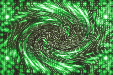 Green matrix digital background. Distorted cyberspace concept. Characters fall down in wormhole....