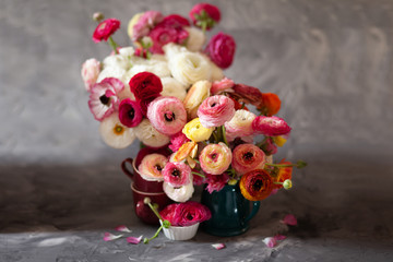 Ranunculus asiaticus or Persian buttercup bouquet in antique jug. Floral composition on grey backgound