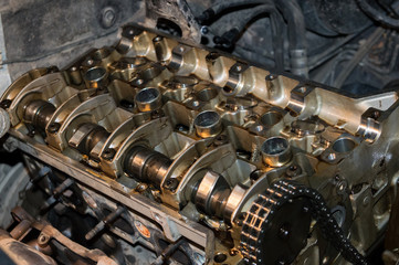 the camshaft of the vehicle, the timing chain on a disassembled car engine