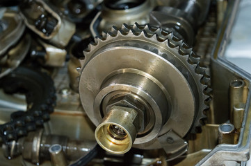 camshaft gear close-up, car engine part, nut and gear