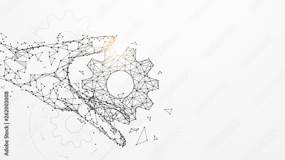 Poster hand holding gears from lines, triangles and particle style design. illustration vector