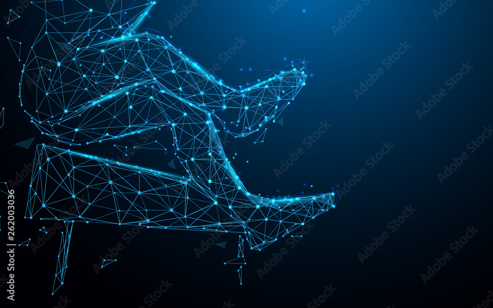 Poster close up, man jumping over obstacle from lines, triangles and particle style design. illustration ve