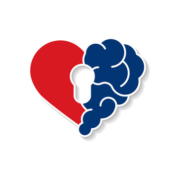 Emotional brain lock security. Broken Heart and Brain with key hall vector flat modern icon logo vector design. Interaction between soul key for intelligence, emotions, loneliness, divorce