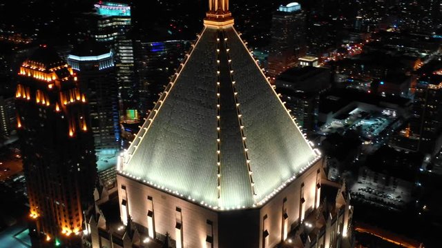 Aerial drone video highrise architecture at night