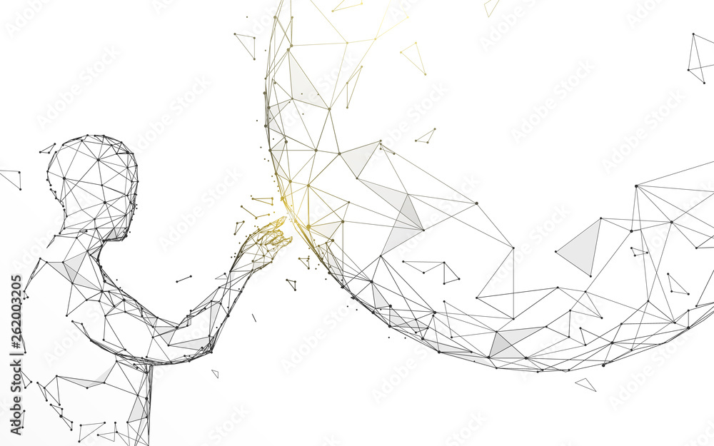 Poster man touching global from lines, triangles and particle style design. illustration vector